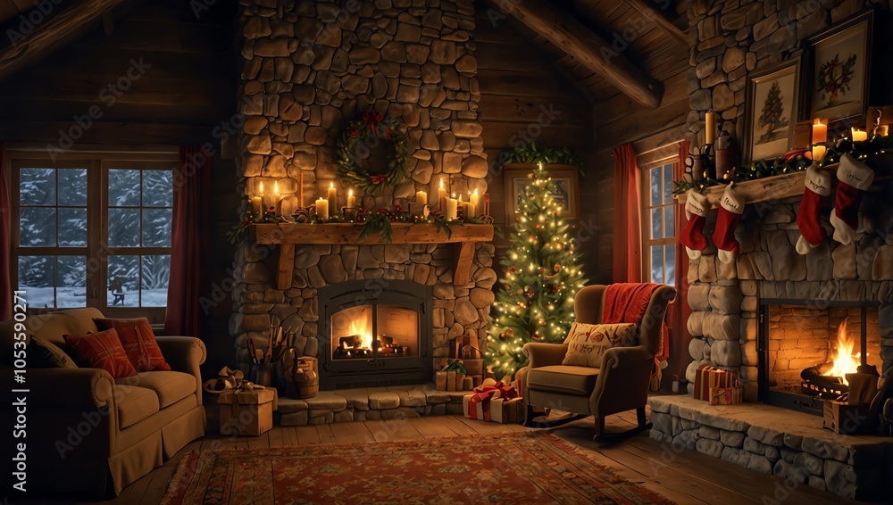Fototapeta premium christmas tree in the church , Cozy Christmas living room with a stone fireplace, Christmas tree, and presents. Fire is burning.