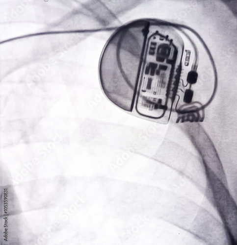 X ray image showed single chamber permanent pacemaker (PPM) betary with lead in left chest at Cath Laboratory. photo