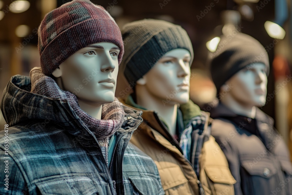 Three fashion mannequins modeling coats and hats, displayed in a store window for customers to admire Three fashion mannequins modeling coats and hats, displayed in a store window for customers to admire