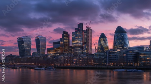 A panoramic view of the London skyline at dusk, with the Shard in the center.