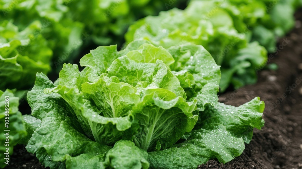 Lush green lettuce thriving in an orderly vegetable garden, showcasing healthy growth and meticulous arrangement Lush green lettuce thriving in an orderly vegetable garden, showcasing healthy growth and meticulous arrangement