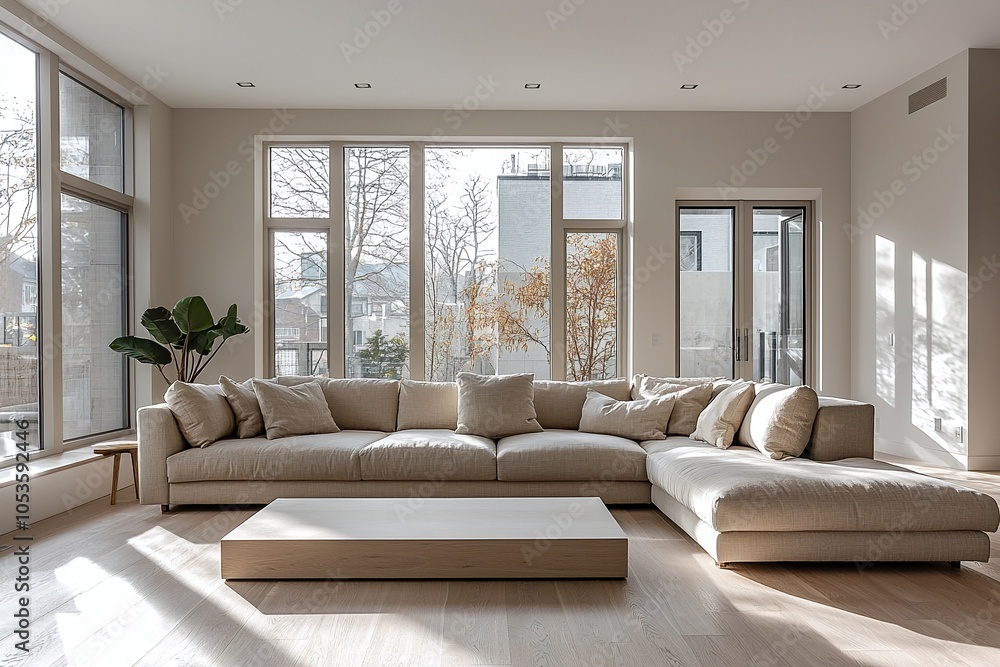 Fototapeta premium Modern Scandinavian interiors in a well-lit living room with sofas and tables. Generative AI 