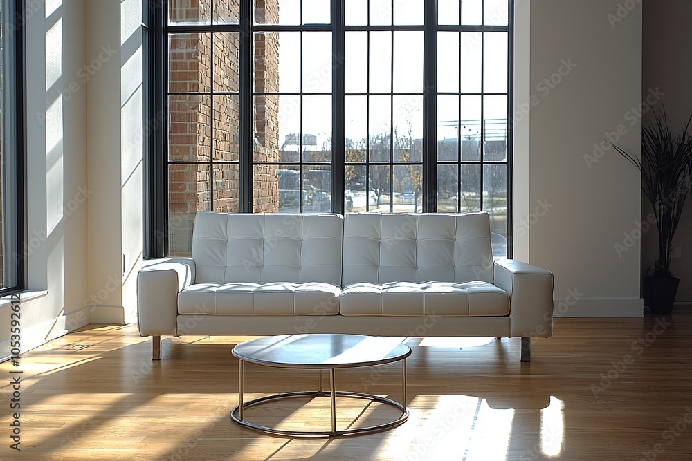 Fototapeta premium Midcentury Modern interiors in residential living rooms with large windows and sofas and tables. Generative AI