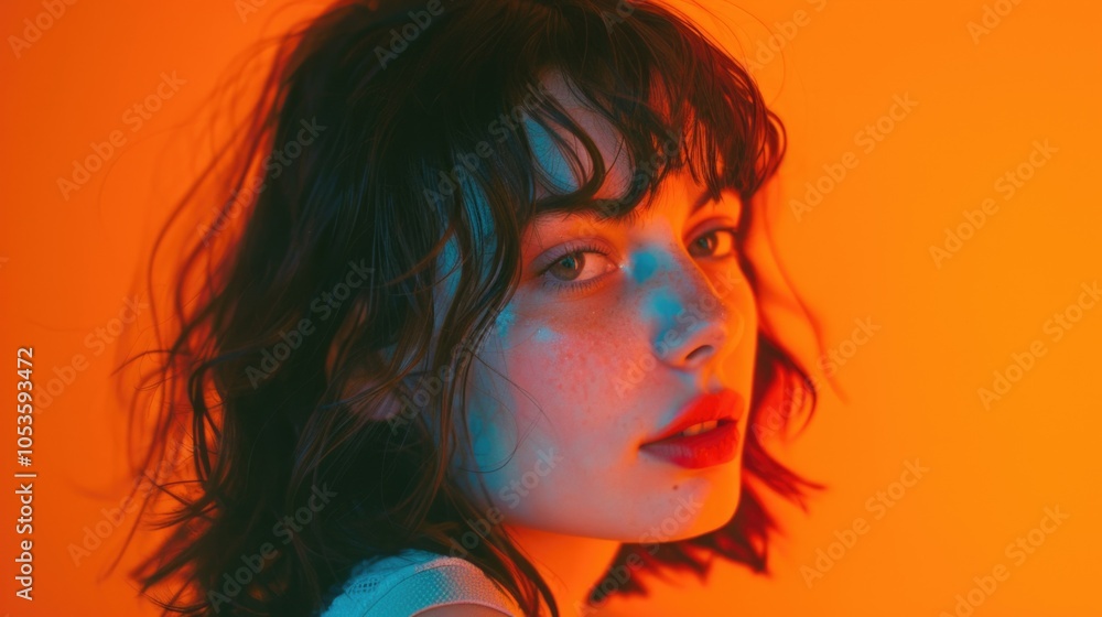 A woman wearing a red light device on her face, possibly for a photography or performance purpose A woman wearing a red light device on her face, possibly for a photography or performance purpose