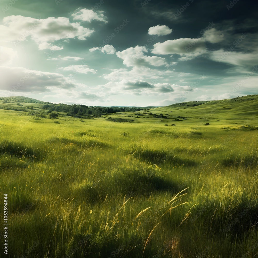 Fototapeta premium Green meadow landscape with blue sky.