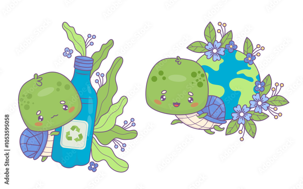 Fototapeta premium Ecology and animals. Cute cartoon turtle character with green planet Earth with flowers and bottle for recycling. Concept ecological lifestyle, conservation and protection nature. Vector illustration