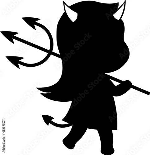 Halloween Cute Little Devil Girl Black Silhouette. Vector Hand Drawn Illustration