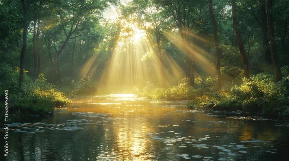 Obraz premium Sunbeams Filtering Through Trees and Reflecting in a Forest River