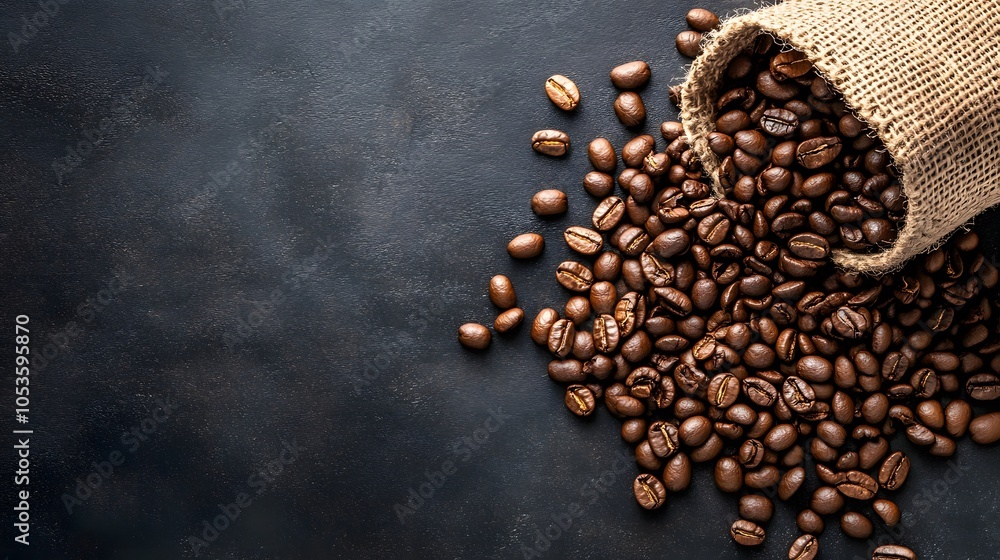 A rustic display of spilled coffee beans from a burlap bag on a dark surface. A rustic display of spilled coffee beans from a burlap bag on a dark surface.
