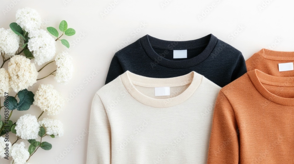 Flat lay composition featuring sustainable fashion items made from organic cotton and recycled materials in neutral eco friendly tones The image showcases a minimalist Flat lay composition featuring sustainable fashion items made from organic cotton and recycled materials in neutral eco friendly tones The image showcases a minimalist