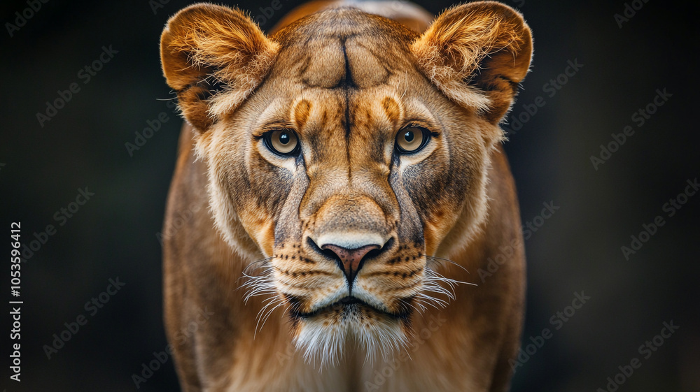 Fototapeta premium A lioness gazes curiously while standing in a lush habitat during the golden hour of sunset