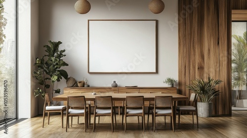 Serene dining room with an empty canvas above the sideboard photo