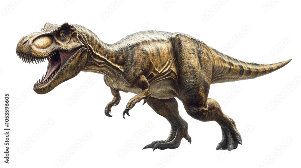 A 3D render of a Tyrannosaurus rex dinosaur isolated on a white background, showcasing its prehistoric features as a giant, extinct creature A 3D render of a Tyrannosaurus rex dinosaur isolated on a white background, showcasing its prehistoric features as a giant, extinct creature