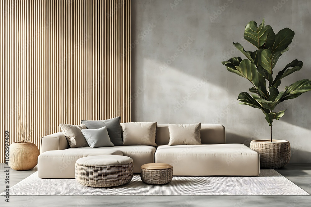 Modern living room with minimalist design and greenery. Modern living room with minimalist design and greenery.