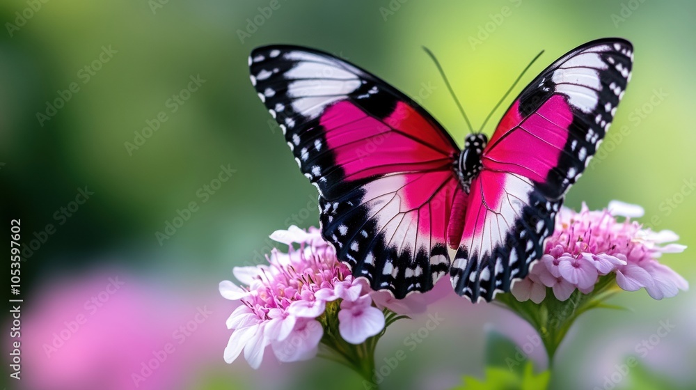 Vibrant butterfly perched on delicate pink flowers in a lush garden setting, AI Vibrant butterfly perched on delicate pink flowers in a lush garden setting, AI
