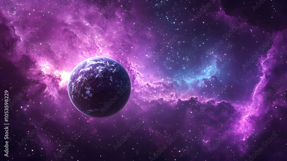 A vibrant planet surrounded by cosmic purple and blue clouds in deep space. A vibrant planet surrounded by cosmic purple and blue clouds in deep space.