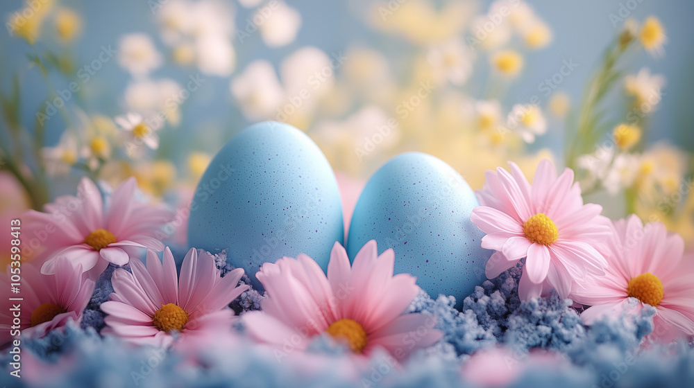 Easter Eggs and Pastel Flowers in Blue and Pink. Banner with copy space. Easter Eggs and Pastel Flowers in Blue and Pink. Banner with copy space.