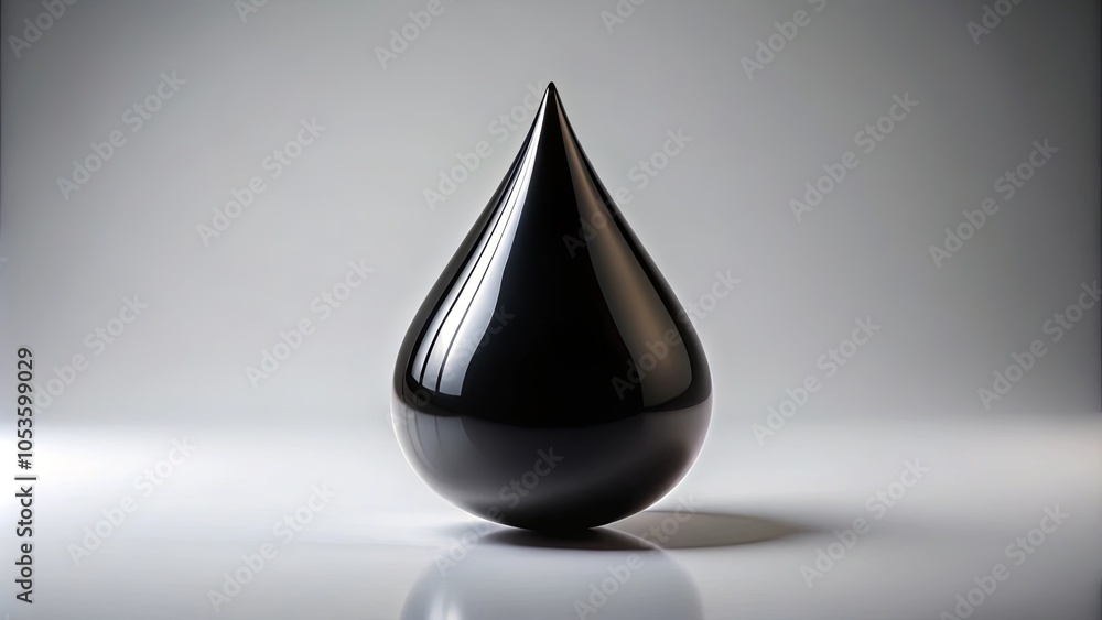 Fototapeta premium A single, isolated black drop of liquid resting on a plain white surface, casting a subtle shadow, reflecting the studio light, symbolizing a universal element of nature.