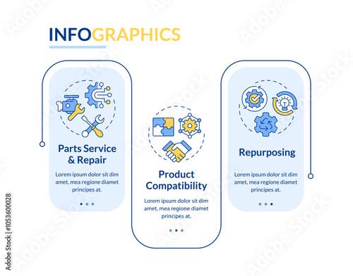 Reverse engineering uses rectangle infographic vector. Parts repair and maintenance service. Data visualization with 3 steps. Editable rectangular options chart. Lato-Bold, Regular fonts used