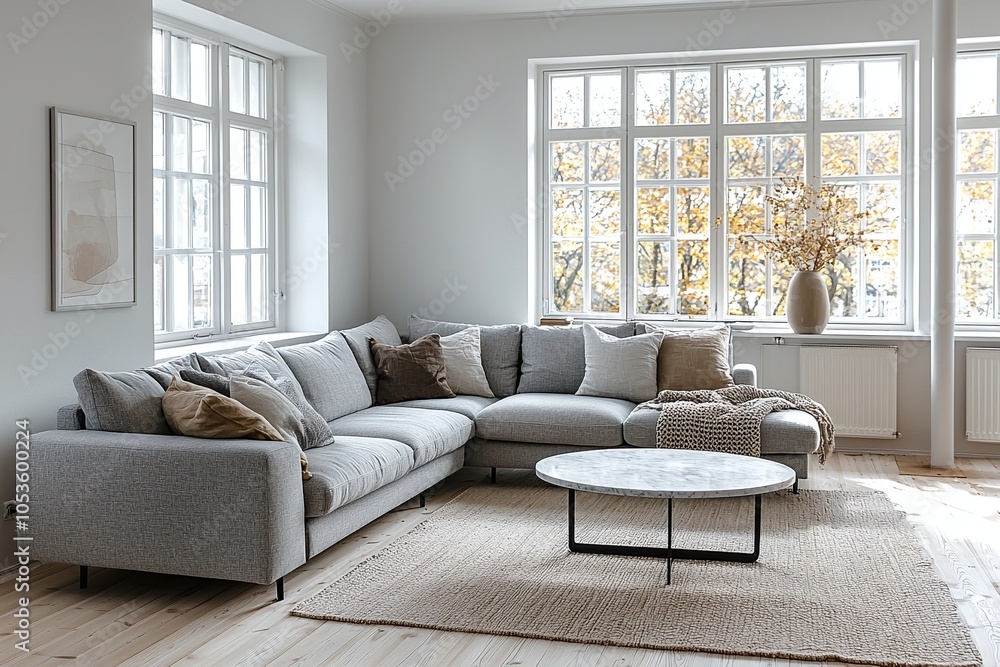Fototapeta premium A Scandinavian interior in a well-lit living room with a minimalist, light gray sofa and table. Generative AI 