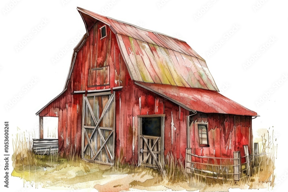 Watercolor painting of a classic red barn with rustic details and serene surroundings Watercolor painting of a classic red barn with rustic details and serene surroundings