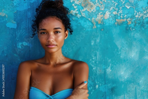 A woman poses in a blue dress, perfect for modeling or fashion photography