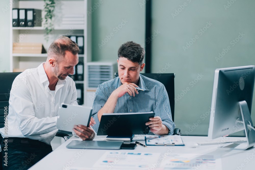 Obraz premium Two businessmen working together Analyze financial reports with charts and graphs while using the calculator to calculate budget, income, taxes, business growth. Startup business idea.
