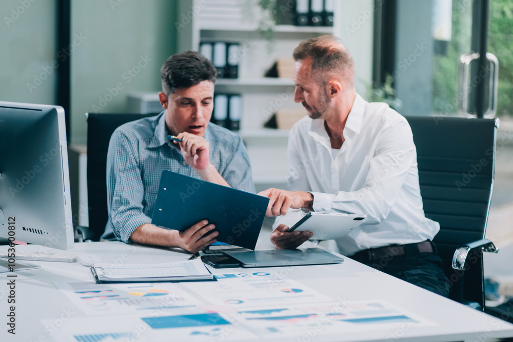 Fototapeta premium Two businessmen working together Analyze financial reports with charts and graphs while using the calculator to calculate budget, income, taxes, business growth. Startup business idea.
