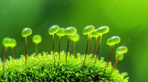 Tiny green moss sporophytes stand tall against a vibrant green background, AI photo