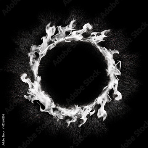 Monochrome black and white fiery ring of fire flames. Blurred motion. Abstract burning round shape. photo