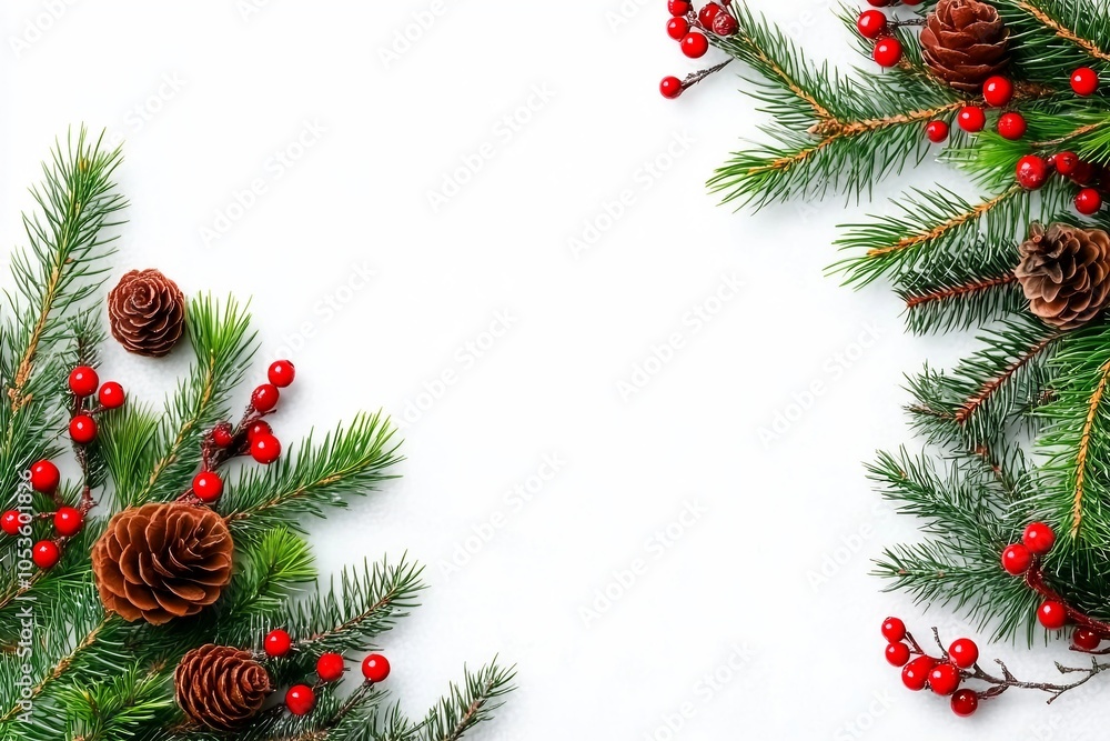 New Year's composition. Christmas background top view on white background. Fir branches, red berries, cones. Place for your text New Year's composition. Christmas background top view on white background. Fir branches, red berries, cones. Place for your text