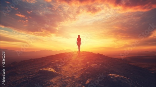 A person standing on a rocky trail, gazing over vast desert plains at sunset with warm light creating a dramatic scene, representing resilience and success --ar 16:9 photo