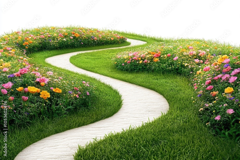 Obraz premium A serene and picturesque scene featuring a meandering path surrounded by vibrant wildflowers