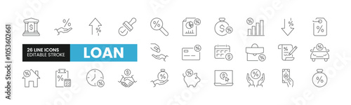Set of 26 Loan line icons set. Loan outline icons with editable stroke collection. Includes Bank, Home Loan, Car Loan, Credit Rating, Approval, and More.