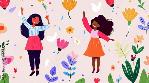 Wallpaper Mural Two girls are jumping in a field of flowers Torontodigital.ca