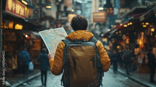 Solo traveler exploring a bustling city street with a map in hand, 4K hyperrealistic photo