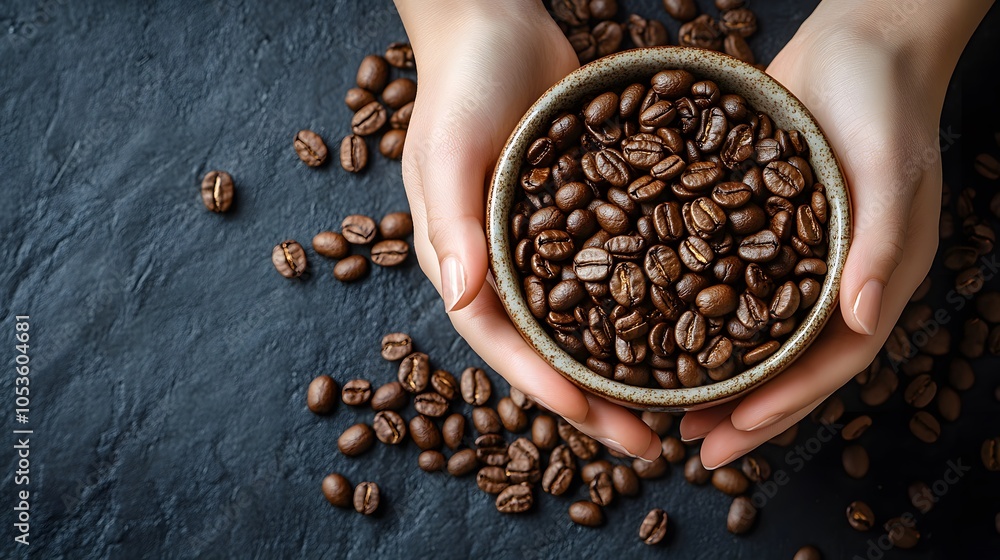 Fototapeta premium Hands of a woman holding a bowl of roasted coffee beans, dark stone background.