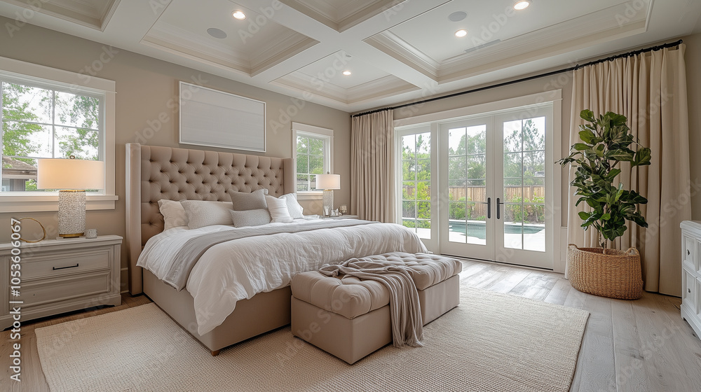 Fototapeta premium Elegant modern bedroom with natural light and cozy decor