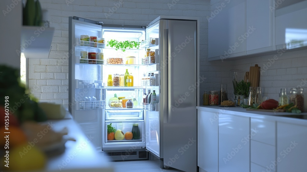 A bright open refrigerator filled with a mix of healthy products, creating an inviting atmosphere in a modern kitchen space. A bright open refrigerator filled with a mix of healthy products, creating an inviting atmosphere in a modern kitchen space.