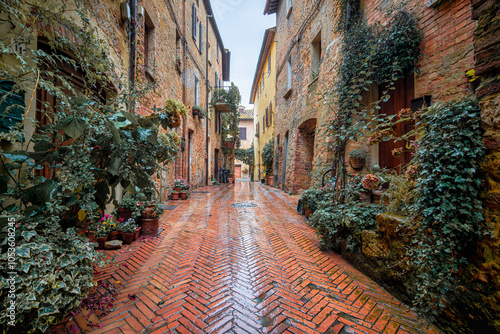 Fototapeta Naklejka Na Ścianę i Meble -  Charming Street in Pienza After the Rain