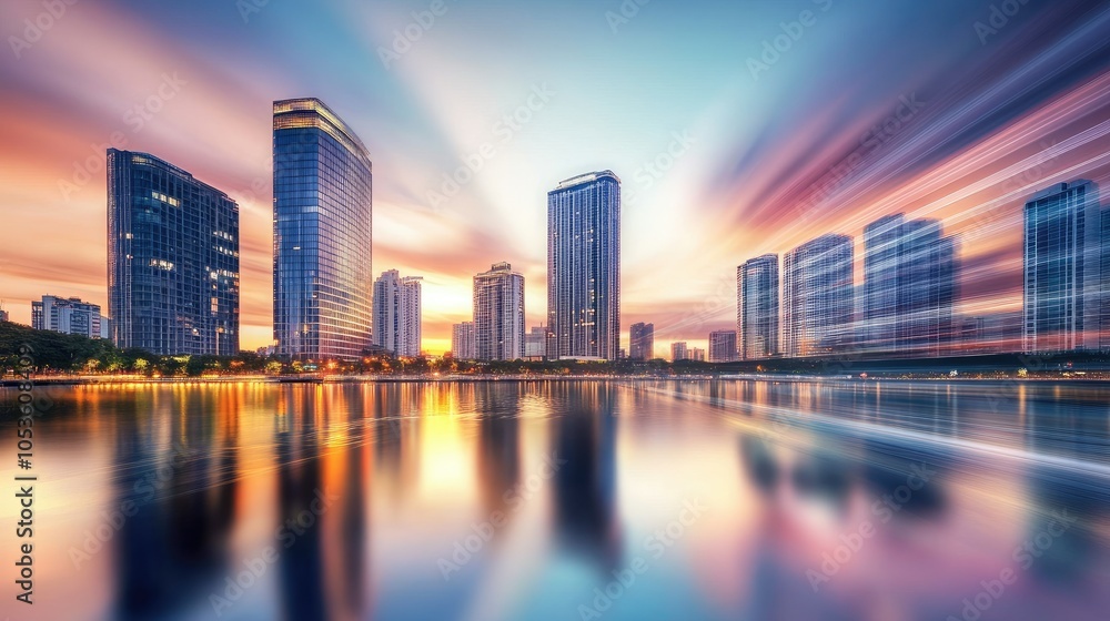 Obraz premium A captivating urban sunset scene featuring blurred buildings with their reflections in water, creating a beautiful interplay of light and color.