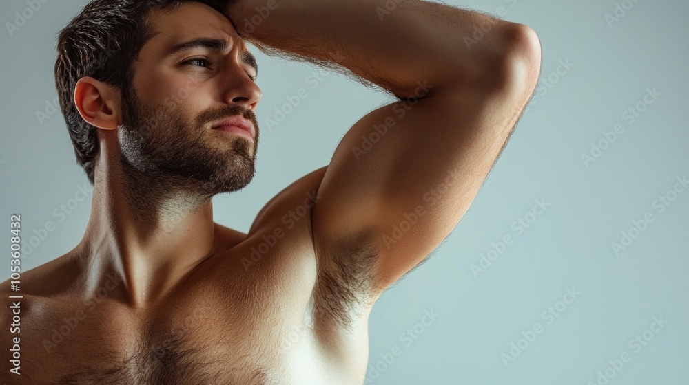 Studio, sweat and man smelling underarm for grooming, skincare and poor hygiene in wellness treatment. Stink, skin and male model with strong body odor, bacteria and dirty armpit on grey background Studio, sweat and man smelling underarm for grooming, skincare and poor hygiene in wellness treatment. Stink, skin and male model with strong body odor, bacteria and dirty armpit on grey background