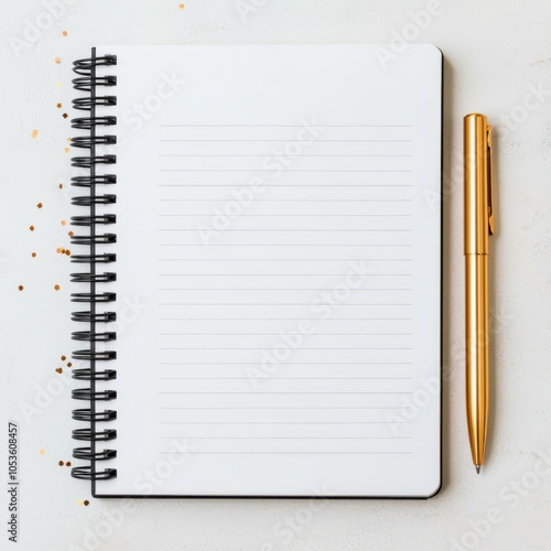 Blank notepad with a golden pen, white isolate background. photo