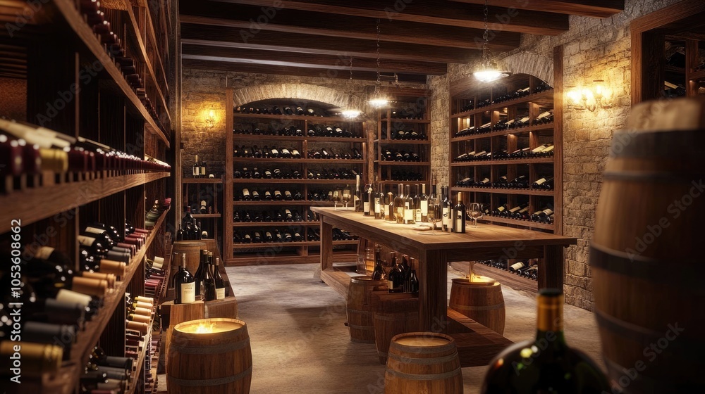An elegant wine cellar with wooden racks filled with various bottles An elegant wine cellar with wooden racks filled with various bottles