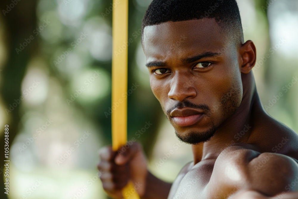 Obraz premium A person grasping a yellow pole with their right hand, potentially for navigation or signaling