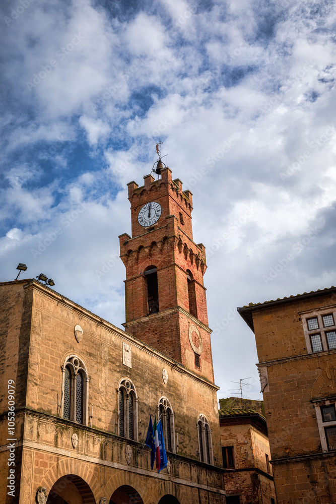 Fototapeta premium Historic Clock Tower in Pienza, Tuscany