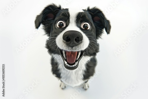 A black and white dog gazing up at the camera, with a curious expression