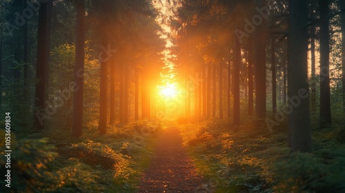 Sun setting over a peaceful forest