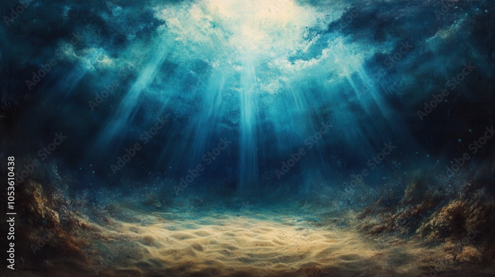 Fototapeta premium Underwater light rays sandy floor. Generative AI