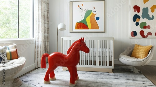 A chic baby room interior showcasing a bold red horse toy, modern furnishings, and playful decor elements that create a fun and inviting space. photo